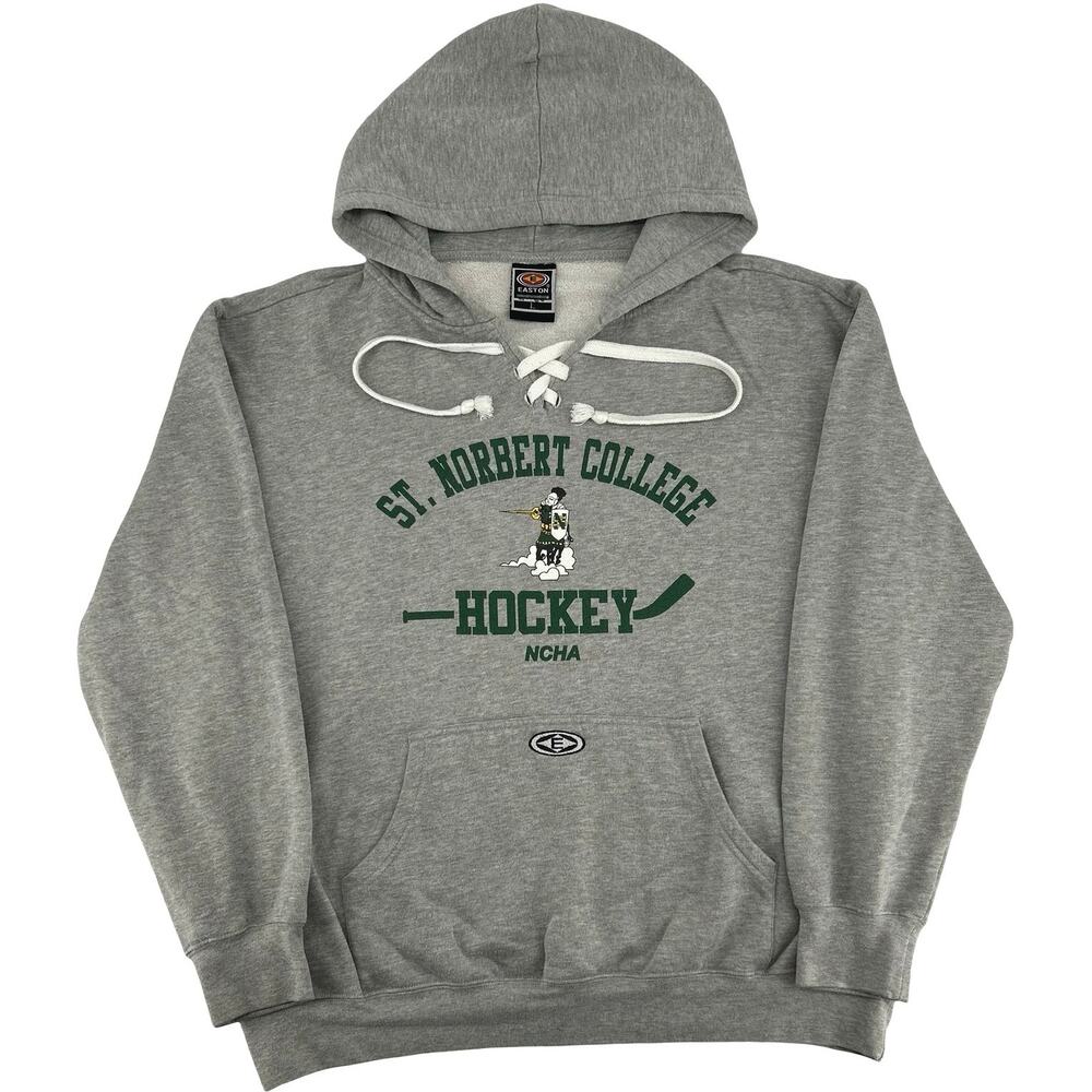 Vintage Mens Easton Grey St. Norbert Green Knights Hockey Hoodie Sweatshirt Sz L